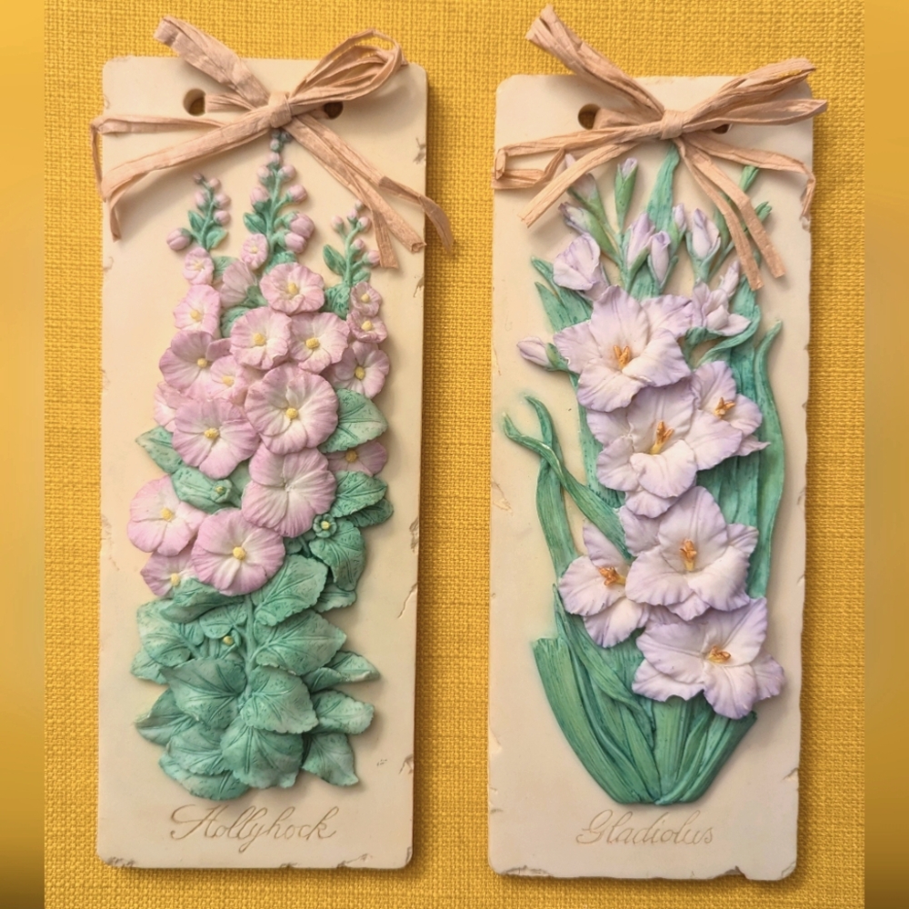 Mud Pie Vintage Gladiolus & Hollyhock Flowers 3D Wall Plaques